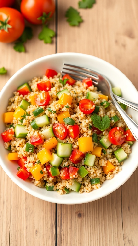 A colorful quinoa salad with bell peppers, cucumbers, tomatoes, and orange dressing on a wooden table.
